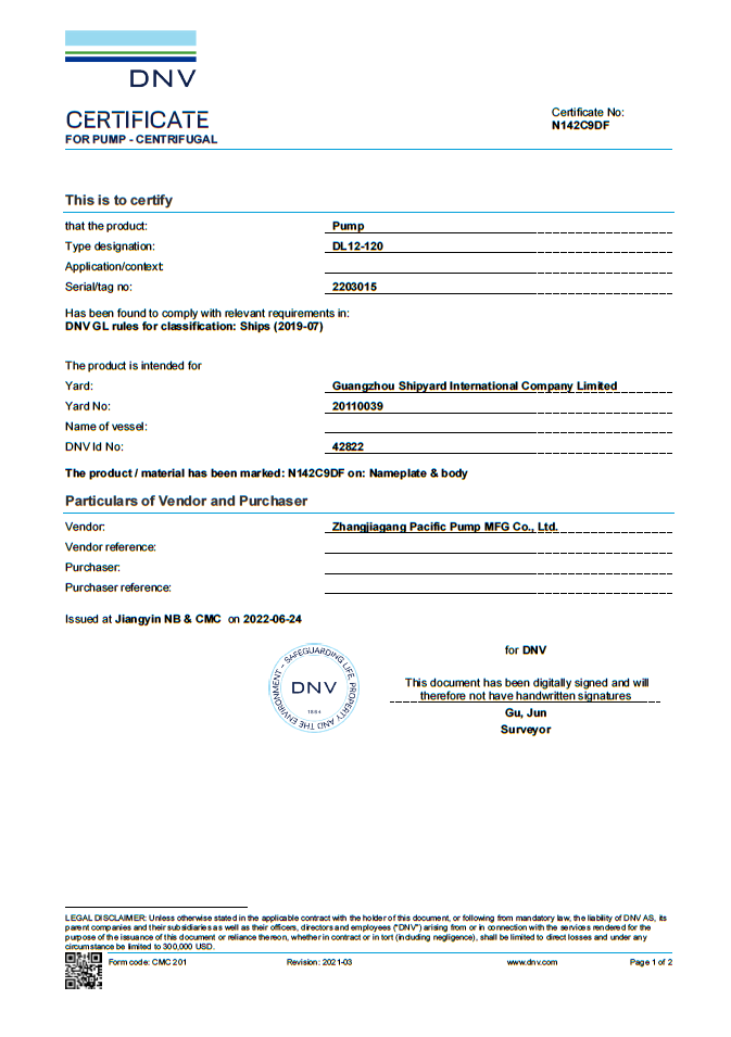 DNV-GL certificate for pump