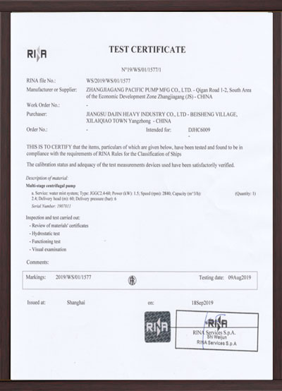 Italia RINA certificate for pump